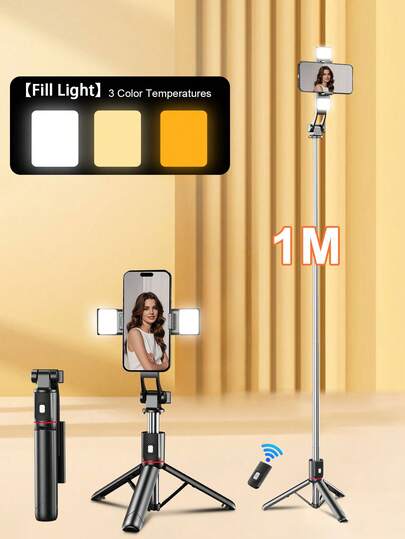 1.7米/1米无线蓝牙自拍杆三脚架，LED多速调节，三色微调，三脚伞形稳定支架，360°旋转手机支架，适用于派对拍摄和室内直播，生日礼物，派对礼物，兼容 16、15、14、13、12、11e/Max/Pro/Xs/Xr/X/Plus