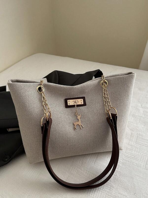 Fashionable Large Capacity Handbag For Women, Chic Chain Shoulder Bag, Underarm Bag, Retro Linen Tote Bag