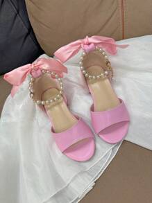 Sandalias de niña con cadena de perlas y lazo, estilo básico y elegante para niñas pequeñas en verano