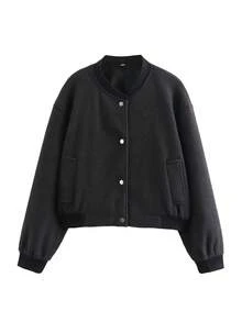 Áo khoác bomber nữ màu đen dáng rộng, cổ đứng, tay dài, kiểu dáng thường ngày, có túi và cúc phía trước, thích hợp cho mùa xuân và mùa thu. - màu đen - Xem 2