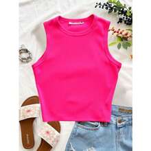 Camiseta casual sin mangas ajustado basico mujer sexy  Liso    Elegante  Casual    Canalé    Casa - Rosado Sandía - Ver 4