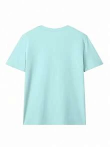 Camiseta casual suelta de verano para mujer con cuello redondo, hombros descubiertos y mangas, con estampado de letra para uso diario y versátil. Blusas gráficas para mujer en blanco, negro y rosa, para outfits de vacaciones - Azul - Ver 2