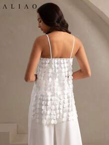 Aliao Laser Cut Multi Circle Double Layered Minimalist Geometric Tassel Tube Top, Removable Halter Top, Polka Dot, White Top - White - View 5