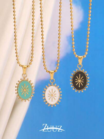 1pc Stainless Steel Necklace, Women's Lake Blue, Black, White Enamel Geometric Oval Sun Pendant Necklace, Jewelry Gift, Suitable For Daily Wear