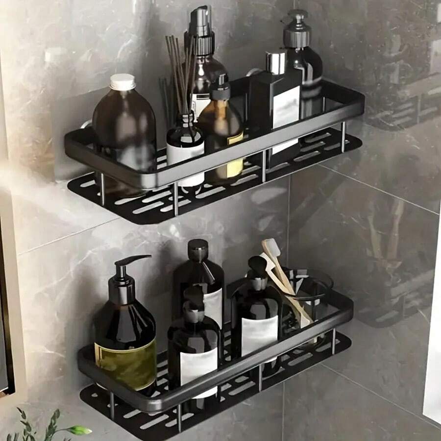 1PCS Wall Mounted Stainless Steel Shelf, Self-Adhesive Bathroom Shelf, No-Punch Easy Installation Storage Basket, Space Saving Balcony, Bathroom, Kitchen, Bedroom Organizer, Bathroom Supplies, Storage Supplies - 黑灰色 - 查看 1