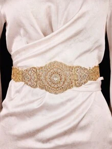 1pc Moroccan Luxury Women's Robe With Belt, Hollow Carved Rhinestone Embellished Design, Arabic Women's Wedding Party Festival Jewelry Gift