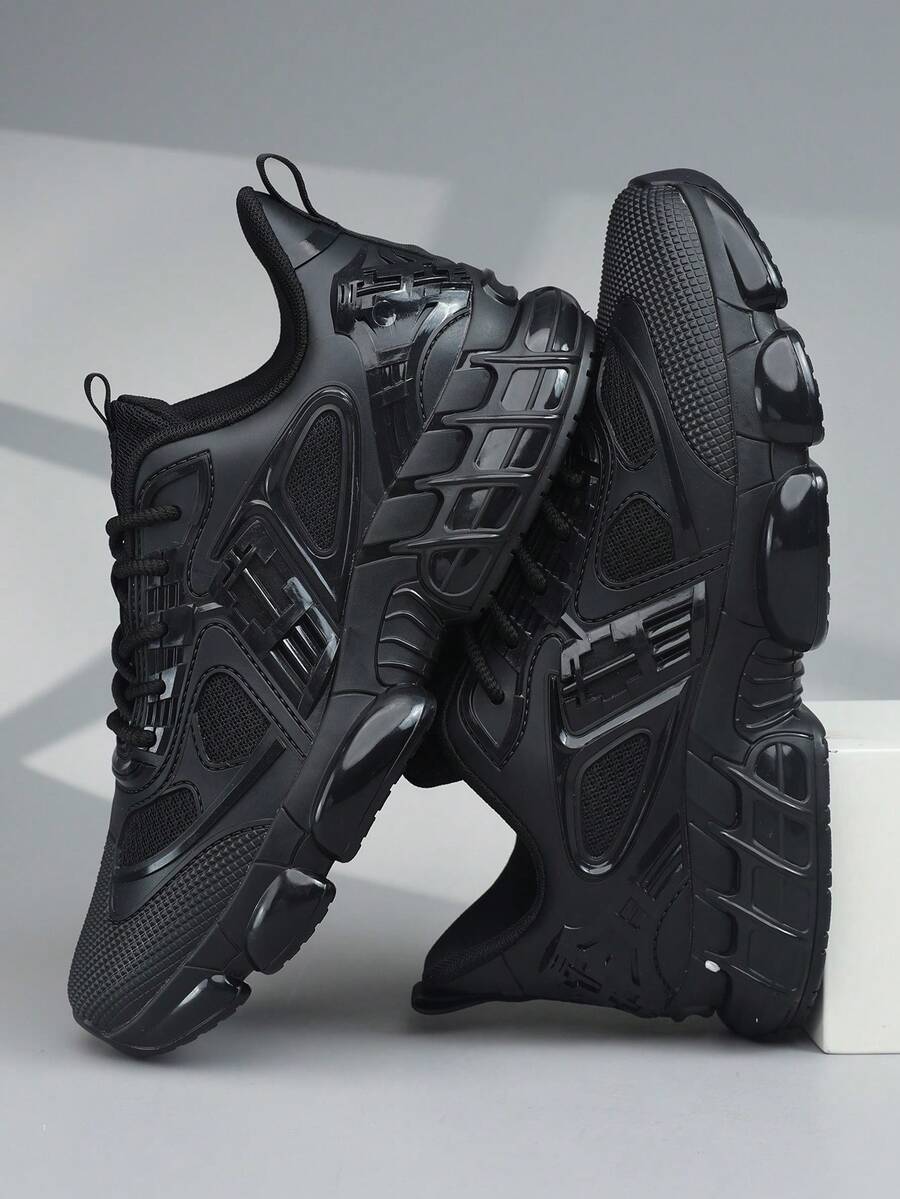 运动鞋男鞋时尚男士运动鞋系带鞋黑色个性黑色街头休闲鞋 - 黑色 - 查看 1