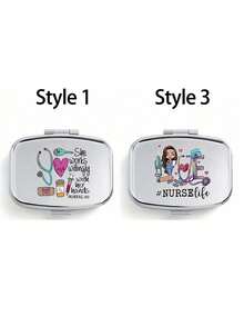 方形药盒，护士图案，便携式药盒，迷你金属收纳盒，便携式珠宝药盒，个性化创意礼物，蝴蝶结，护士帽，药瓶图案，适合旅行、户外活动，可放入包袋和口袋，可用作婚礼礼物、礼品和接待装饰，独特设计的装饰旅行收纳盒，母亲节礼物，送给朋友的礼物，护士礼物 - 銀色 - 查看 15