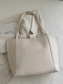 2pcs Women's Solid Color Embroidered Thread Fashion Large Capacity Shoulder Tote Bag With Snap Closure - White - View 5