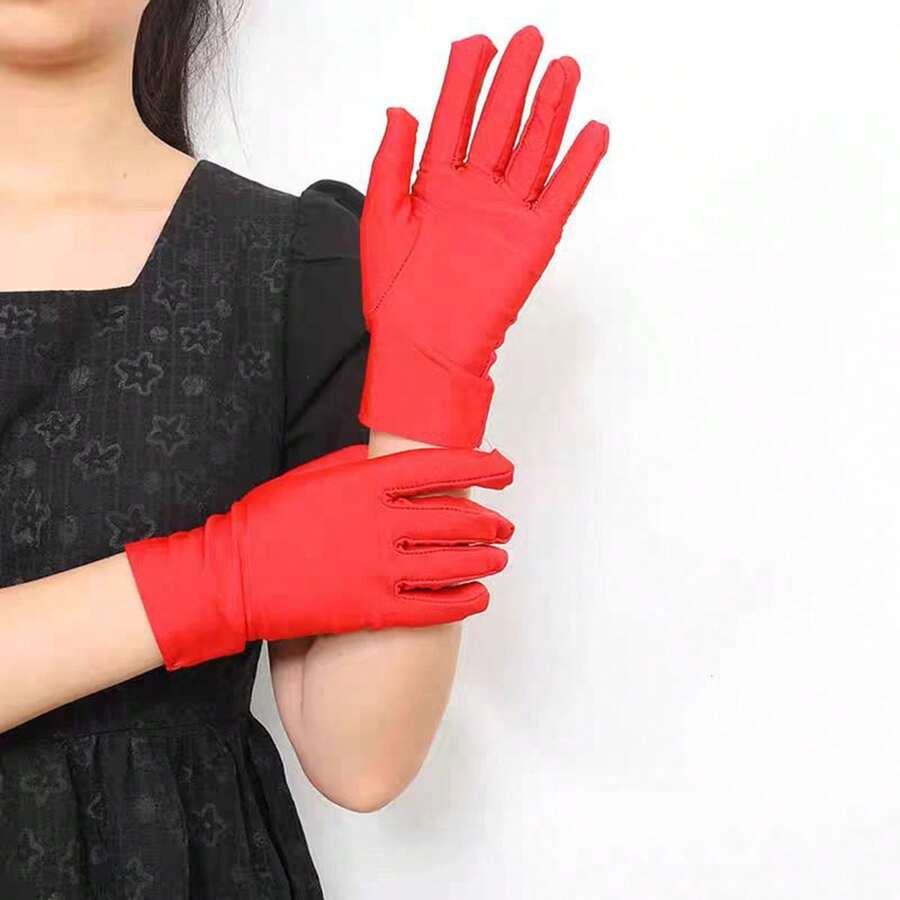 1 pieza Guantes de spandex de moda, cómodos para conducir, rendir, duraderos para ciclismo, resistentes para bodas, guantes cortos unisex para fiestas, protección solar, diseño de borde recto/bloqueado aleatorio - Rojo - Ver 1