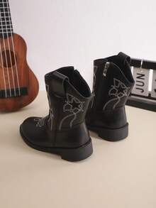 1双儿童时尚休闲牛仔靴，儿童秋冬刺绣中筒复古靴，儿童V型厚筒短靴 - 黑色 - 查看 6