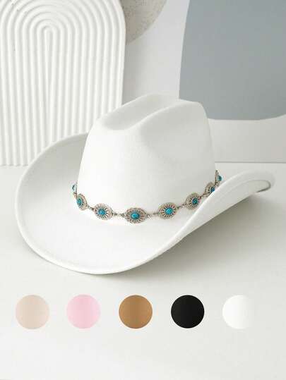 A Western Cowboy Hat Suitable For Both Men And Women, With A Turquoise Belt Strap, Is Perfect For Casual Daily Wear. It Is An Ideal Choice For Cowboy Parties And Bar Cowboys