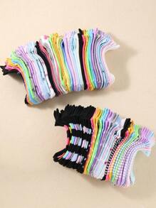 20 双儿童短袜：糖果色、蕾丝蝴蝶结、心形图案、条纹、柔软、舒适、休闲、百搭、学生踝袜 - 适合日常使用，随机混色