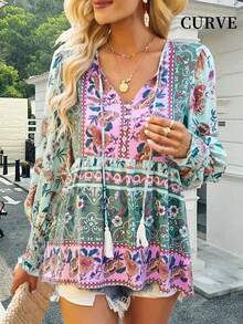 Plus Women's Printed Lace Up Button V-Neck Ruffle Patchwork Shirt Spring - Light Green - View 1