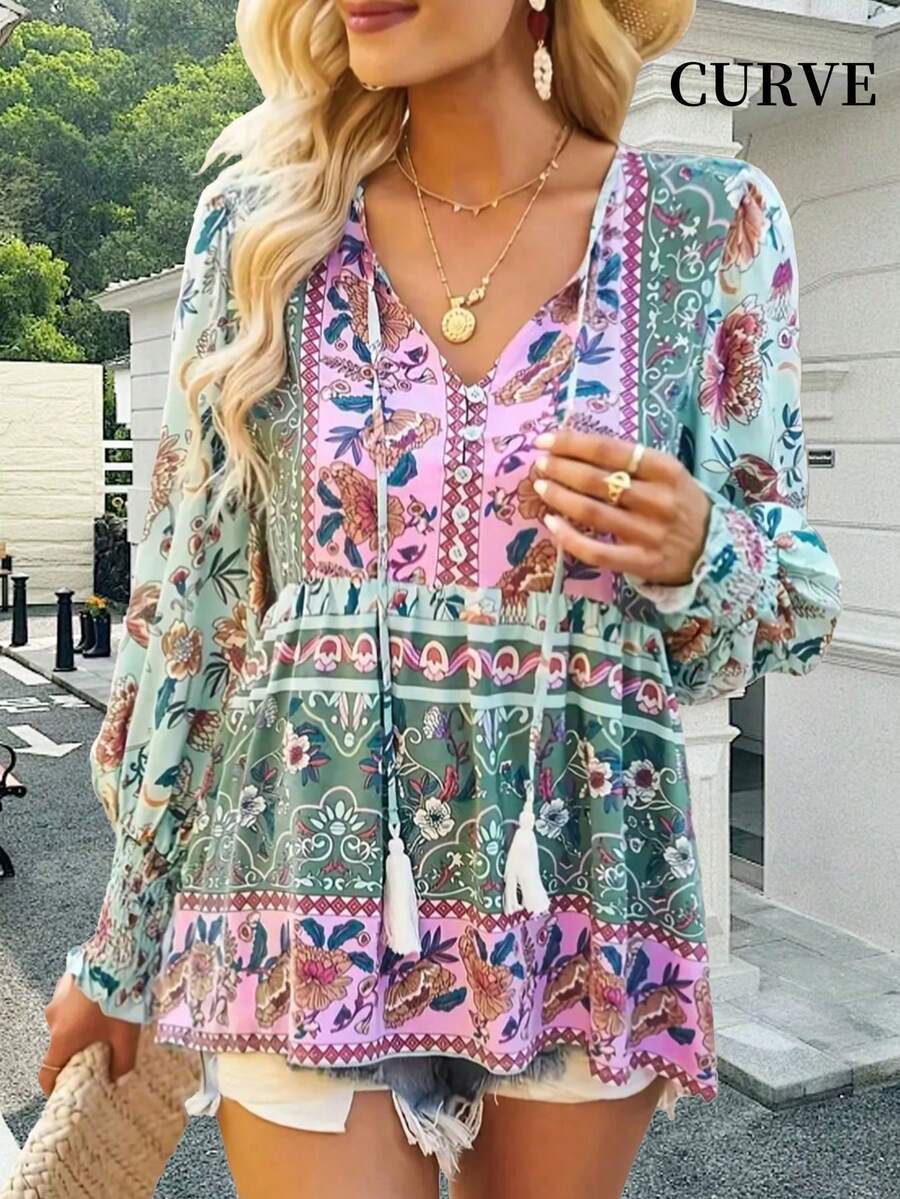 Plus Women's Printed Lace Up Button V-Neck Ruffle Patchwork Shirt Spring - Light Green - View 1