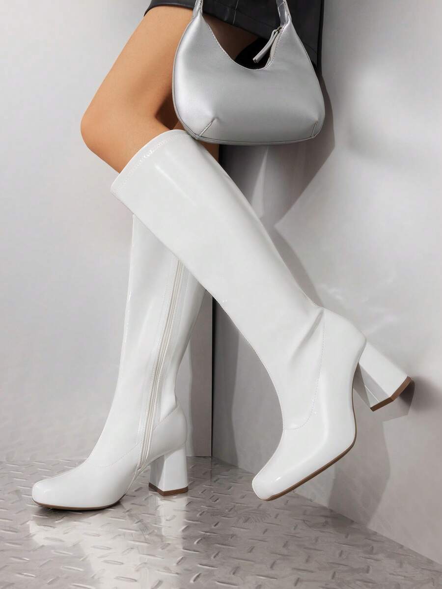 LAIGZEM Botas Altas Para Mujer, Zapatos De Plataforma Con Punta Redonda, Tacones Gruesos Hologr Ficos Con