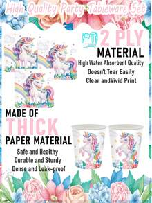 144pcs Unicorn-Themed Party Tableware Set Gift Pack: Paper Plates (350g), Tissues, Paper Cups, Forks, Straws. Rainbow And Unicorn Elements Make Your Party More Fun. Suitable For Various Occasions And Can Serve 24 People - 彩色 - 查看 3