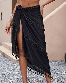 Eicolorte Sarong Cover Up Womens Beach Cover Up Bikini Bathing Suit Swimsuit Swimwear Coverup Sarong Pareo Wraps Women - A-黑色 - 查看 4