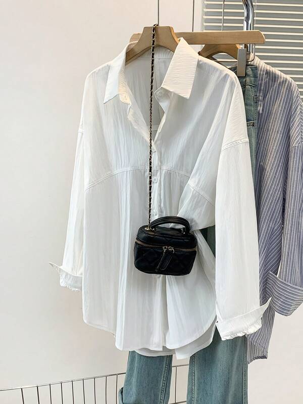 Chemise décontractée ample à manches longues, col simple, couleur unie, style minimaliste pour femmes