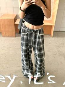 修身灰蓝格子休闲裤百搭拼接腰带抽绳阔腿宽松直筒裤