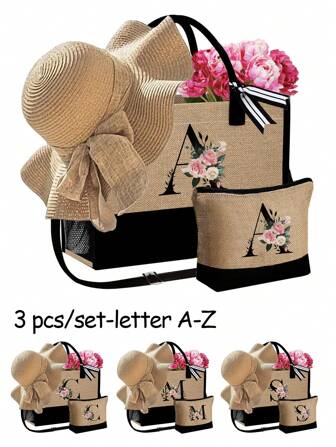 3pcs/Set Women'S Beach Tote Bag With Shoulder Straps,With Women'S Beach Hat And A Makeup Bag,Letter A-Z Beach Accessories Bag,Personalized Gift Bag With Side Pockets, Beach Bag With Scarf, Women'S Khaki Wave Beach Sun Hat, Suitable For Spring And Summer Beach Vacations And Outdoor Weddings