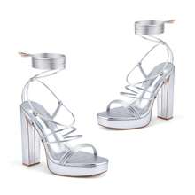 Women's Lace Up Strappy Heeled Platform Heels Sandals Open Toe Chunky High Heels For Party Wedding Homecoming Prom - 銀色 - 查看 3