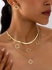 Set de 5 piezas Collar con colgante de trébol hueco de metal dorado elegante, adecuado para atuendos diarios y de fiesta de mujeres, conjunto de collar y aretes superpuestos - Amarillo Oro - Ver 1
