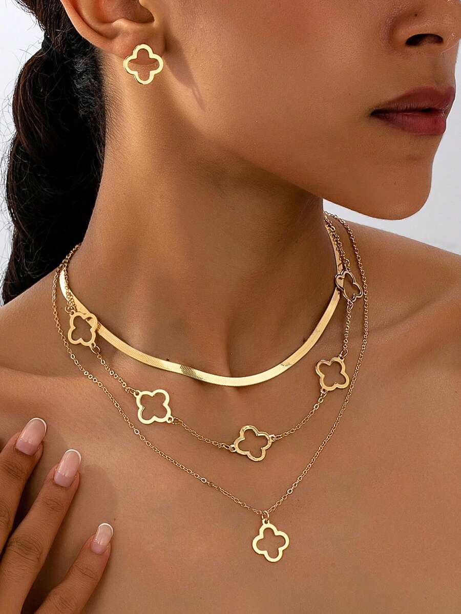 Set de 5 piezas Collar con colgante de trébol hueco de metal dorado elegante, adecuado para atuendos diarios y de fiesta de mujeres, conjunto de collar y aretes superpuestos - Amarillo Oro - Ver 1