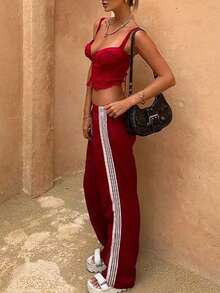 Women Casual Sweatpants Y2K Vintage Side Stripe Elastic Waist Leg Wide Pants Long Pants Teen Girls Loose Workout Pants Fall Spring Fashion Color Block Parachute Pants With Pockets Joggers Track Pants - 紅色 - 查看 4