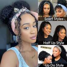 Uveous Kinky Curly Half Wig Human Hair 200% Density Put On And Go Glueless Wigs Human Hair 24 Inch Curly 3 In 1 Half Wigs For Women Drawstring Seamless Flip Headband Wig Beginner Friendly - Natural Black - 查看 4