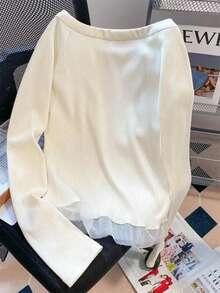Women's Note Printed Cute Top, Long Sleeved Round Neck Ruffle Hem Fake Two Casual Tops - 白色 - 查看 4
