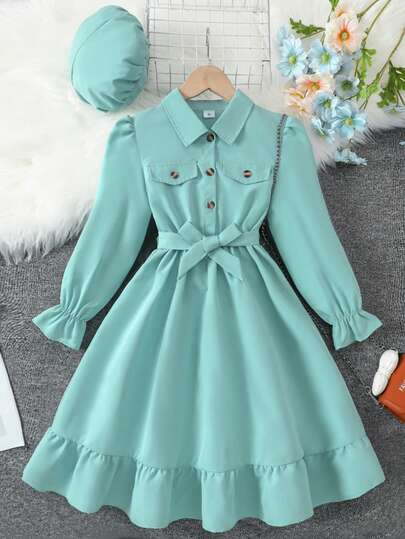 女童优雅薄荷绿连衣裙，泡泡袖，蝴蝶结腰带，搭配同款头饰，是学校活动和派对的理想之选