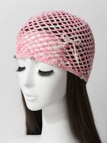 Gorro de mujer para primavera y verano, tejido a mano con diseño de malla calada, adornado con cristales, perlas y lazo, elegante y transpirable. Sombrero tejido fino y versátil con pañuelo decorativo - Sombrero tejido - Ver 7