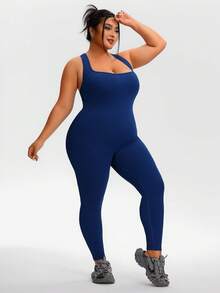 Plus Size Women Seamless High Elasticity Workout Jumpsuit, Criss-Cross Backless Sexy Spaghetti Strap, Outdoor Fitness Yoga Suit, Solid Color, Slim Fit, Daily Wear - Navy Blue - View 6