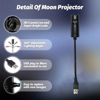 1pc Moon Projector, Multiple Color Options, 360° Rotation Adjustable LED Light, Creates Lunar Atmosphere, Suitable For Bedside, Bedroom, Living Room And Other Home Environments, Can Be Used As Nightlight, Home Decor, Photography Background, Ceiling And Wall Decoration, Built-In LED Light, Wired Power Supply, Working Voltage ≤36V, Applicable For Specific Decoration Scenarios, No Battery Required
