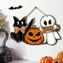 1Pc Halloween Door Decor Wooden Hanging Plaque Sign Pumpkin Ghost Boo Black Cat Welcome Sign For Trick Or Treat Party Indoor Outdoor Porch Wall, Halloween Home Wall Art Decorations For Halloween Farmhouse Kitchen Home Office