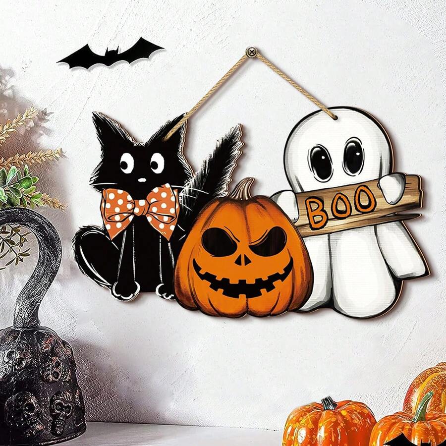 1Pc Halloween Door Decor Wooden Hanging Plaque Sign Pumpkin Ghost Boo Black Cat Welcome Sign For Trick Or Treat Party Indoor Outdoor Porch Wall, Halloween Home Wall Art Decorations For Halloween Farmhouse Kitchen Home Office