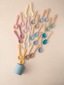 PopLittleOne 4 pezzi Cucchiai e forchette in silicone per bambini, utensili morbidi per bambini con manico in legno, accessori per l'alimentazione del bambino, articoli per bambini, accessori per l'alimentazione del bambino di colore solido