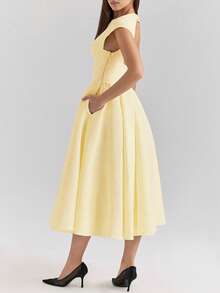 欧美春夏露背圆领无袖黄色连衣裙优雅大方法式小众长款派对礼服白色毕业女酒会聚会连衣裙 - 杏色 - 查看 4