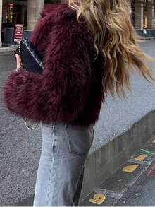 Seelio Women's Autumn/Winter Faux Fur Short Jacket, Warm, , Oversized, Fashionable, Viral New Arrival Thick Winter Coat - Burgundy - View 7