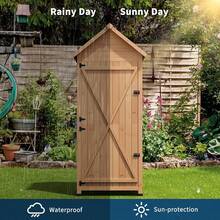 mteryoing 63"/70" Large Outdoor Wooden Storage Shed - Waterproof Vertical Garden Tool Cabinet With 3 Adjustable Shelves, Lockable Door & Roof Storage | Heavy-Duty, Space-Saving For Patio, Yard, Lawn, Backyard - 63.23x27.56x17.72 inches - 查看 4