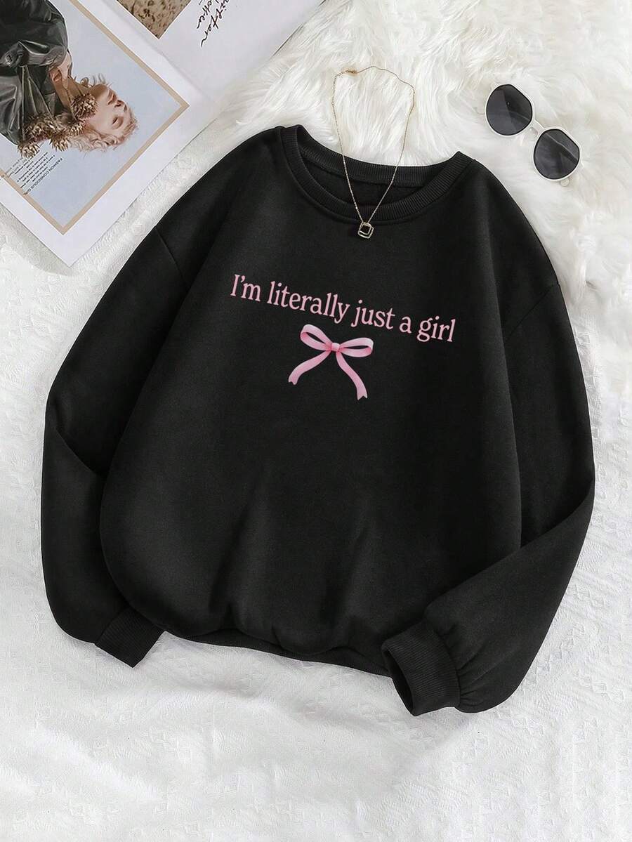 Sudadera de cuello redondo para mujer de talla grande para otoño e invierno con eslogan rosa y diseño de lazo, adecuada para volver a la escuela, ceremonia de graduación y ropa de maestra