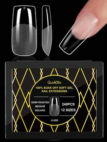 240pcs Press-On Nail Stickers, Full Coverage Fake Nails, Square, Almond, Pointed, Coffin Shapes, Transparent, Glossy, Suitable For Salon And Home Use, Square Gel Manicure, Nail Extension Kit - Clear - View 16