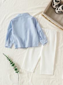 2 件套幼儿男童中式立领条纹仿衬衫，带口袋，搭配白色休闲裤，度假和学校风格