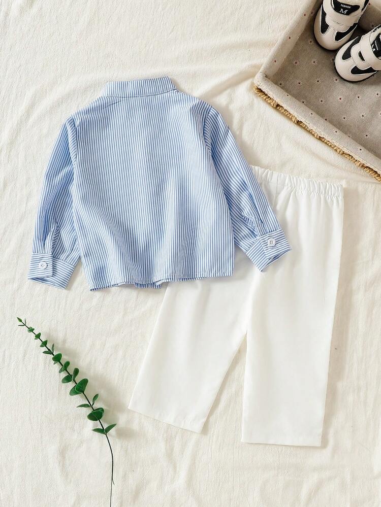 2pcs/Set Toddler Boys' Mandarin Collar Striped Faux Shirt With Pockets And White Casual Pants, Vacation & School Style - Blue - View 2