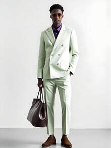 2 piezas Conjunto de traje de hombre, estilo británico chaqueta blazer de doble botonadura y pantalones, adecuado para uso casual, de negocios, bodas, fiestas, banquetes