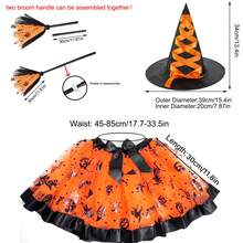 3pcs Halloween Witch Hat, Magic Broom, Bat Skirt Party Costume Set, Orange Pumpkin, Witch, Bat, Skull Print Skirt, Skirt Length 30cm, Suitable For Halloween, Carnival, Day Of The Dead, Evening Party Accessories - Multicolor - View 4