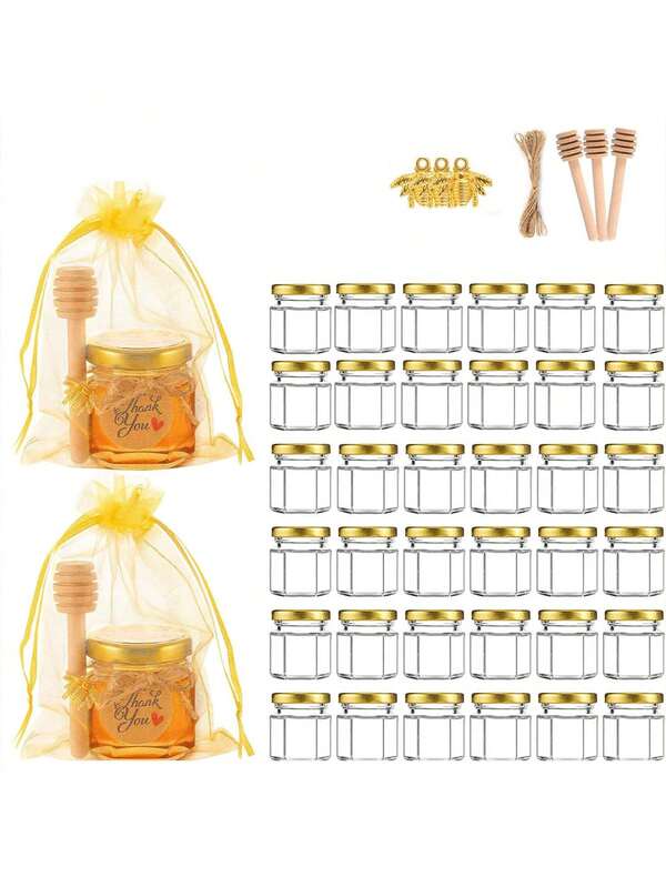 5/1 pezzo Mini barattolo di vetro per miele, regalo per feste, barattolo di vetro esagonale piccolo da 1,5 once con bastoncino di legno, coperchio, iuta, regalo per matrimoni e feste, adatto per riempire di miele, caramelle, altre salse, riutilizzabile dopo il riempimento, piccolo utensile da cucina