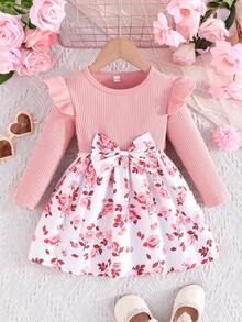 2 peças Vestido de Manga Longa com Laço Decorativo e Estampa de Listras e Rosas, Elegante para Meninas, Verão - Rosa chiclete - Visão 2