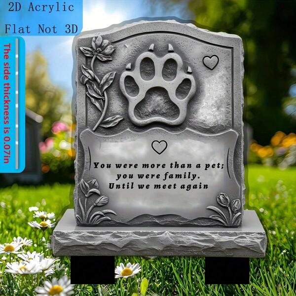 Lápida plana 2D para mascotas - Placa conmemorativa plana con huella de pata, decoración de cementerio de mascotas, lápida de plástico resistente a la intemperie para perro o gato - Fácil de instalar con huella - Regalo ideal de condolencia por pérdida de mascota, adecuado para jardín, césped o decoración de sitio de entierro, inscripción conmovedora, decoración para exteriores, plana 2D, estilo aleatorio